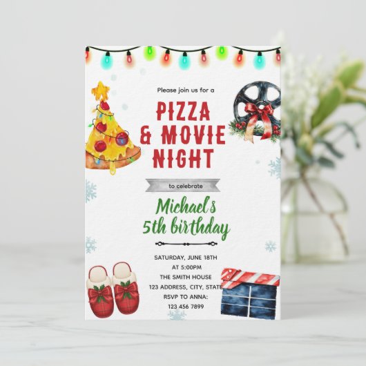 Christmas Movie Pizza and Pajama Party Invitation Kaart (Staand voorkant)
