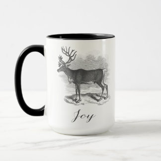 Christmas mug with antique deer etching says Joy Mok
