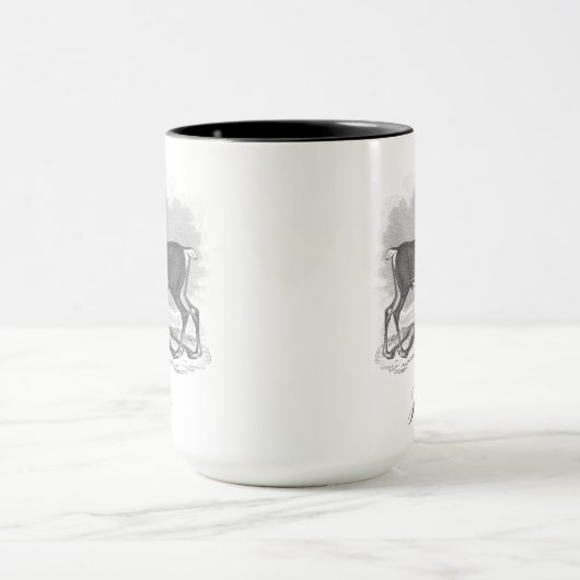 Christmas mug with antique deer etching says Joy Mok (Midden)