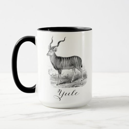 Christmas mug with antique deer etching says Yule. (Gauche)