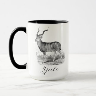 Christmas mug with antique deer etching says Yule. Mok