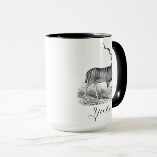 Christmas mug with antique deer etching says Yule. Mok (Voorkant rechts)