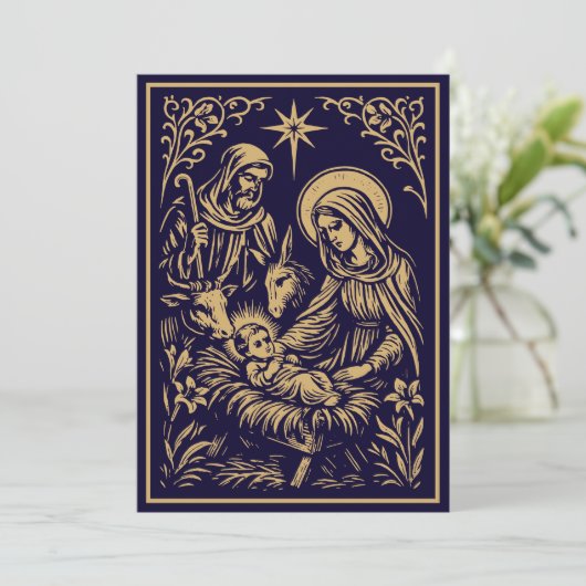 Christmas Nativity in Retro Art Nouveau Woodcut Feestdagenkaart (Staand voorkant)