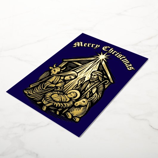 Christmas Nativity Retro Medieval Woodcut Folie Feestdagenkaart (Gedraaid)