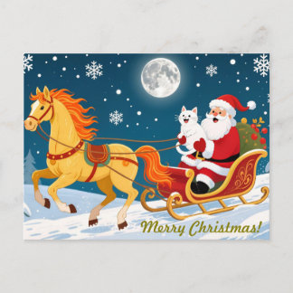 Christmas, New Year, Red Horse, Santa & White Cat Briefkaart