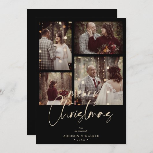 Christmas Newlyweds Black Trendy Collage 4 Photos Feestdagenkaart (Voorkant / Achterkant)