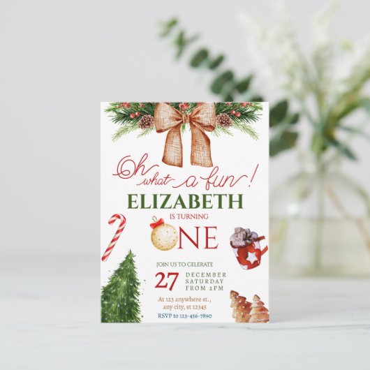 Christmas Oh What Fun First Birthday Invitation Briefkaart (Staand voorkant)