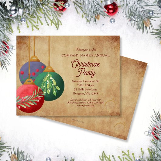 Christmas Ornaments on Parchment Elegant Party Kaart