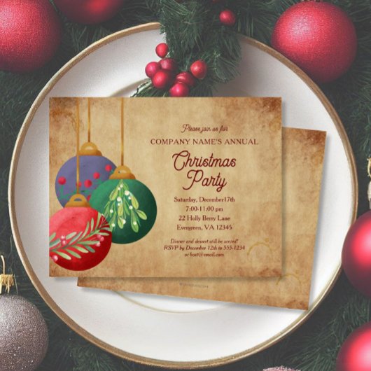 Christmas Ornaments on Parchment Elegant Party Kaart