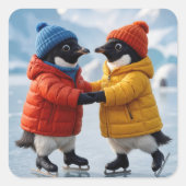 Christmas Pair of Penguins Ice Skating Vierkante Sticker (Voorkant)