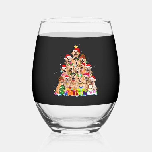 Christmas Pajama Golden Retriever Tree Xmas Gift D Wijnglas Zonder Voet (Voorkant)