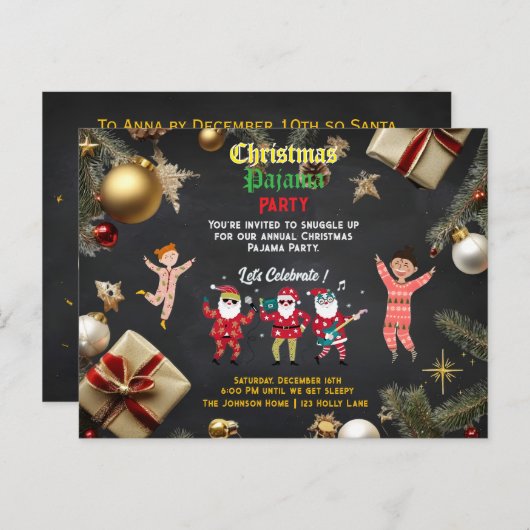 Christmas Pajama Party Kids Uitnodiging Briefkaart (Voorkant / Achterkant)