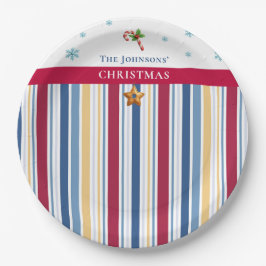 Christmas Paper Plates – Blue, Red & Gold Stripes Papieren Bordje