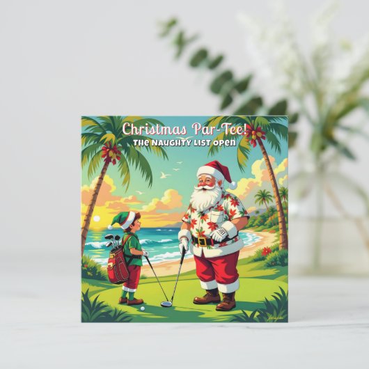 Christmas Par-Tee Fun Tropical Golf Santa Party SQ Kaart (Staand voorkant)
