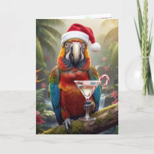 Christmas Parrot Holding a Martini Cocktail Kaart (Voorkant)