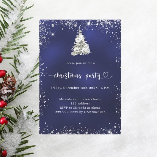 Christmas Party blauwe zilveren sneeuwboom Kaart