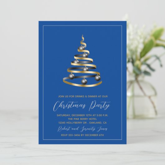 Christmas Party Blue Gold Tree Invitation (Debout devant)
