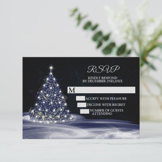 Christmas Party Blue Shiny Tree Winter Navy RSVP Kaartje (Staand voorkant)