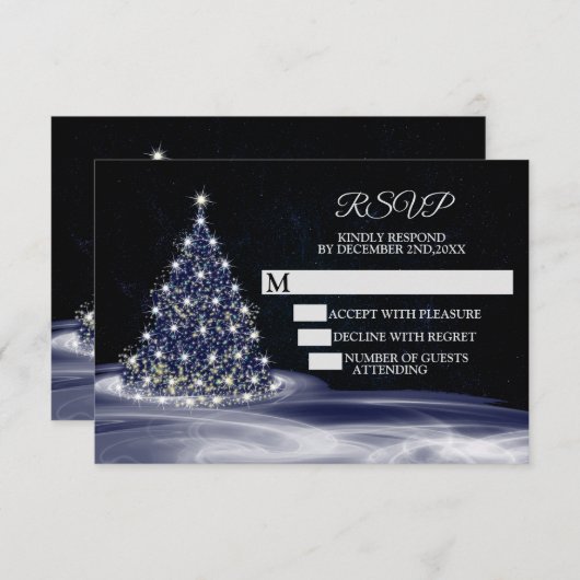 Christmas Party Blue Shiny Tree Winter Navy RSVP Kaartje (Voorkant / Achterkant)