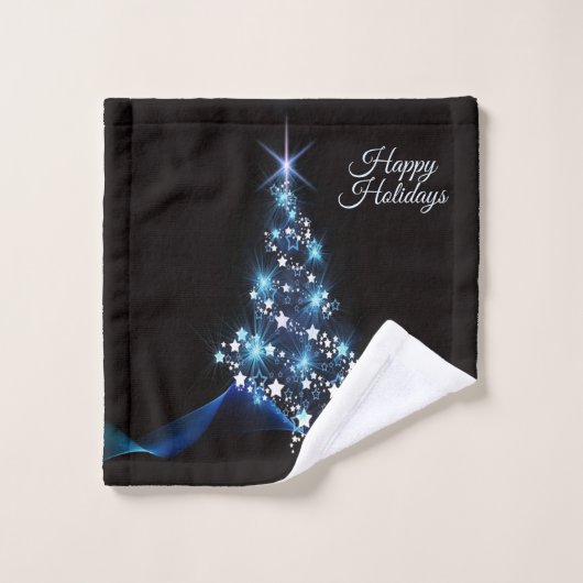 Christmas Party Blue Tree Shiny Black Elegant Bad Handdoek (Wasdoekje)