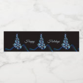 Christmas Party Blue Tree Shiny Black Elegant Waterfles Etiket (Enkel label)