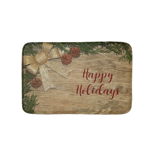 Christmas Party Golden Green Leaves Red Rustic Badmat (Voorkant)