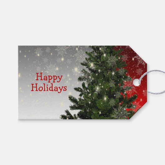Christmas Party Green Tree Red Silver Snowflakes Cadeaulabel (Voorkant (Horizontaal))