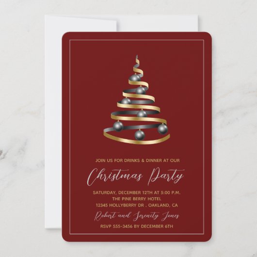Christmas Party Red Gold Tree Invitation (Devant)