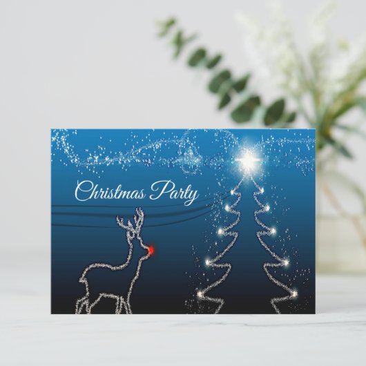 Christmas Party Reindeer Tree Blue Sky Shiny Stars RSVP Kaartje (Staand voorkant)