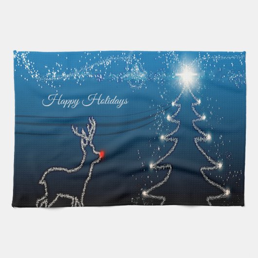 Christmas Party Reindeer Tree Blue Sky Shiny Stars Theedoek (Horizontaal)