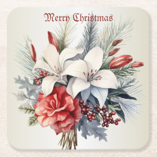 Christmas Party White Red Flowers Holidays Elegant Vierkante Kartonnen Onderzetter
