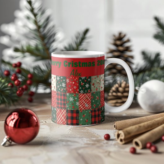 Christmas patchwork pattern green red koffiemok