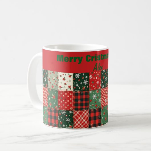 Christmas patchwork pattern green red koffiemok (Voorkant links)