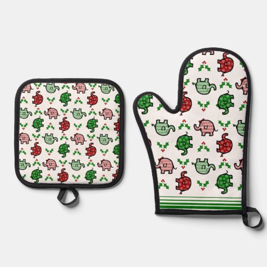 Christmas-Pattern Elephant Oven Mitt & Pot Holder Ovenwant & Pannenlap Set (Voorkant)