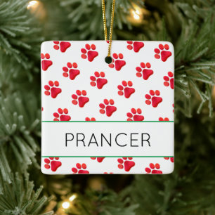 Christmas Paw Prints Red PET NAME Holiday Fun Keramisch Ornament