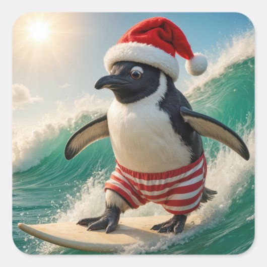 Christmas Penguin Surfing On an Ocean Wave Vierkante Sticker (Voorkant)