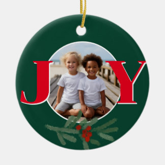 Christmas personalize JOY Holly photo template Keramisch Ornament