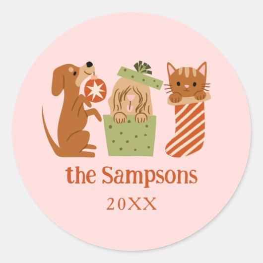 Christmas Pets Pink Ronde Sticker (Voorkant)