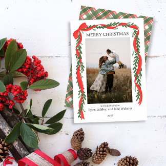 Christmas Photo Card - Classic Red Bow & Greenery Feestdagenkaart
