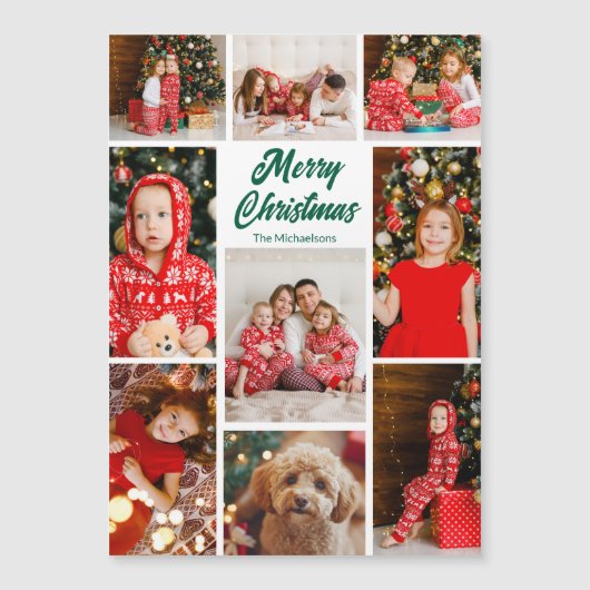 Christmas Photo Collage Green Script Magnet Card (Devant)