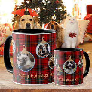 Christmas PHOTO Mug, Tartan Baubles Kids Pets  Mug Mok