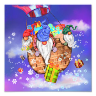 Christmas Photo Print Flying Gnomes Gives Gifts