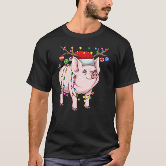Christmas Pig Holiday Lights With Antlers And Orna T-shirt (Voorkant)