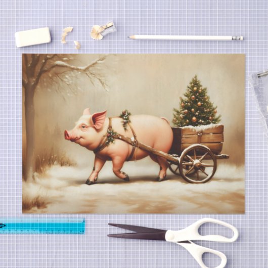 Christmas Pig & Tree Cart in Snow EN2L Decoupage Tissuepapier (Craft)