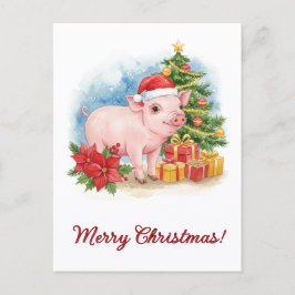 Christmas Piglet Postcard Holiday Watercolor Art Briefkaart