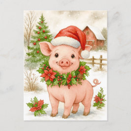 Christmas Piglet Watercolor Postcard Feestdagenkaart