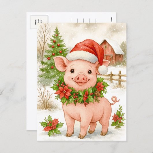 Christmas Piglet Watercolor Postcard Feestdagenkaart (Voorkant / Achterkant)