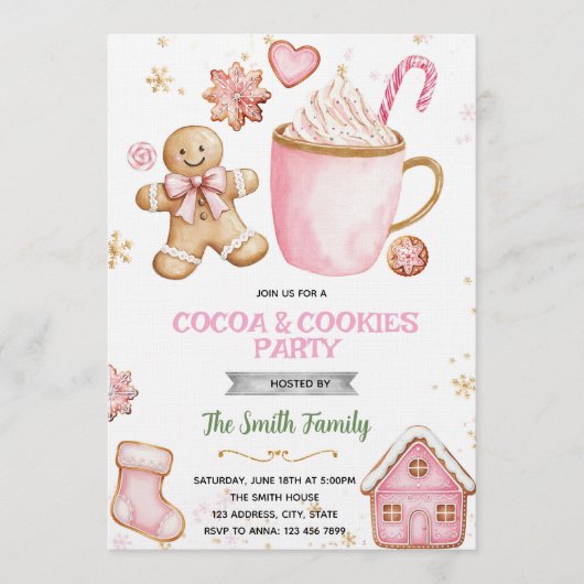 Christmas pink Cookies and Cocoa invitation (Devant)