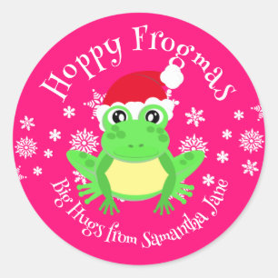 Christmas Pink Frog Santa Hat Schattigee Cartoon Ronde Sticker