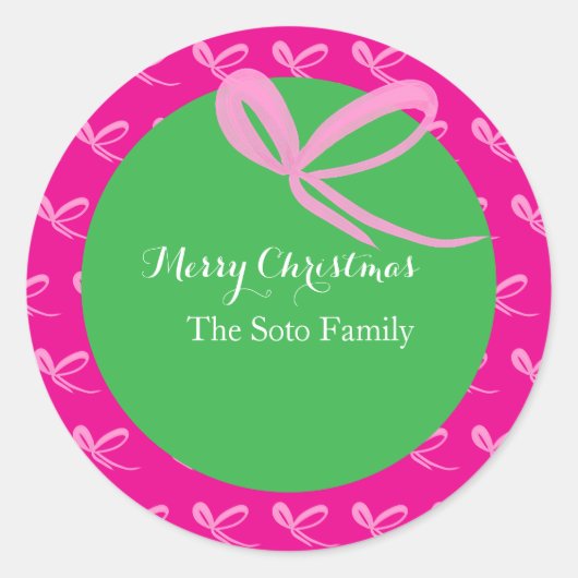 Christmas Pink Green Bright Bows Hand Drawn Ronde Sticker (Voorkant)